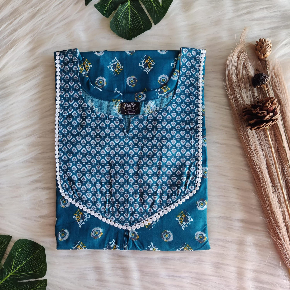 Grey And Teal Blue Printed Premium Cotton Mix N Match Lace Pocket Nighty | Free Size | Chest Width 44″| Length 56″