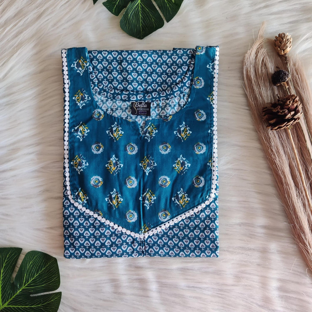 Teal Blue And Grey Printed Premium Cotton Mix N Match Lace Pocket Nighty | Free Size | Chest Width 44″| Length 56″