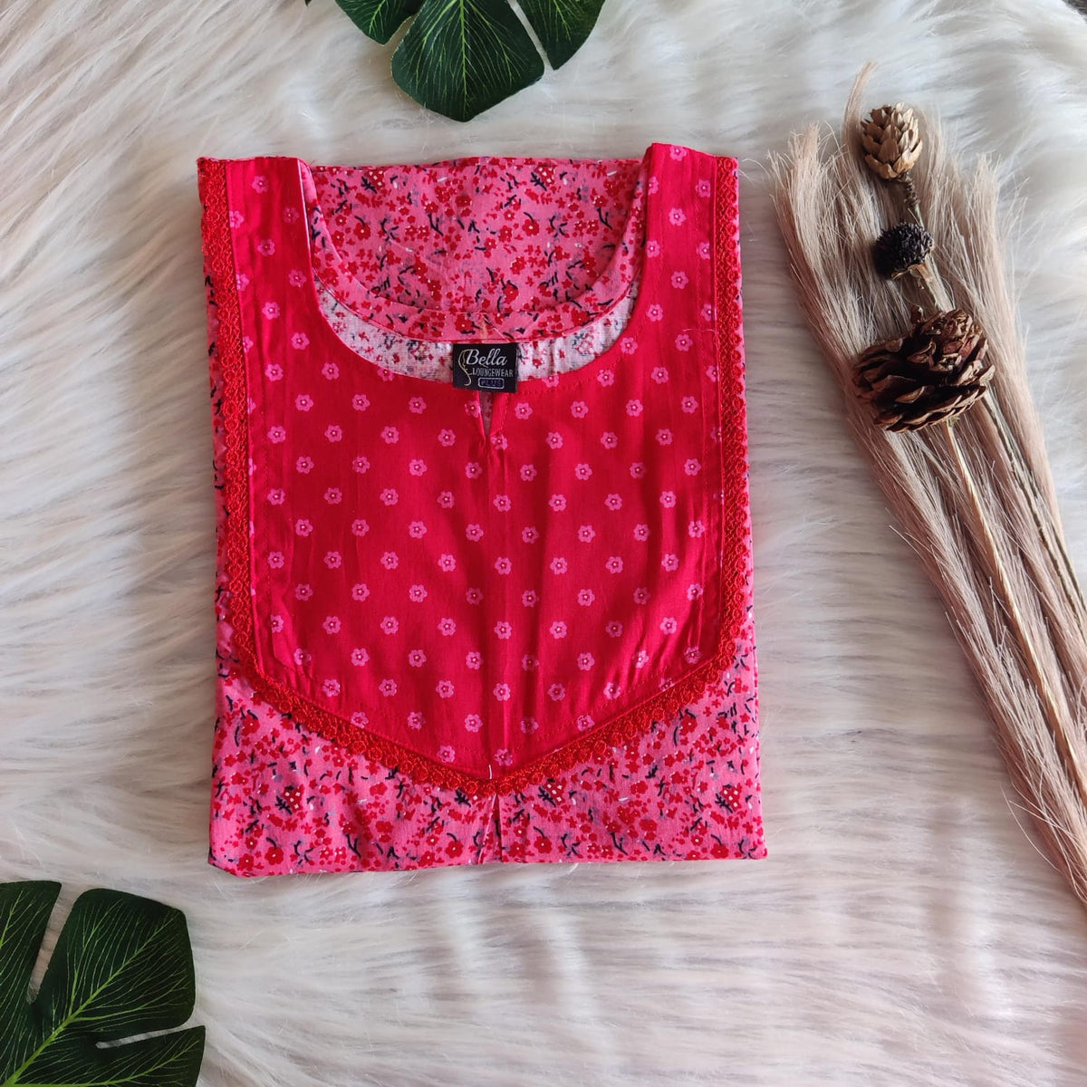 Red And Peach Printed Premium Cotton Mix N Match Lace Pocket Nighty | Free Size | Chest Width 44″| Length 56″