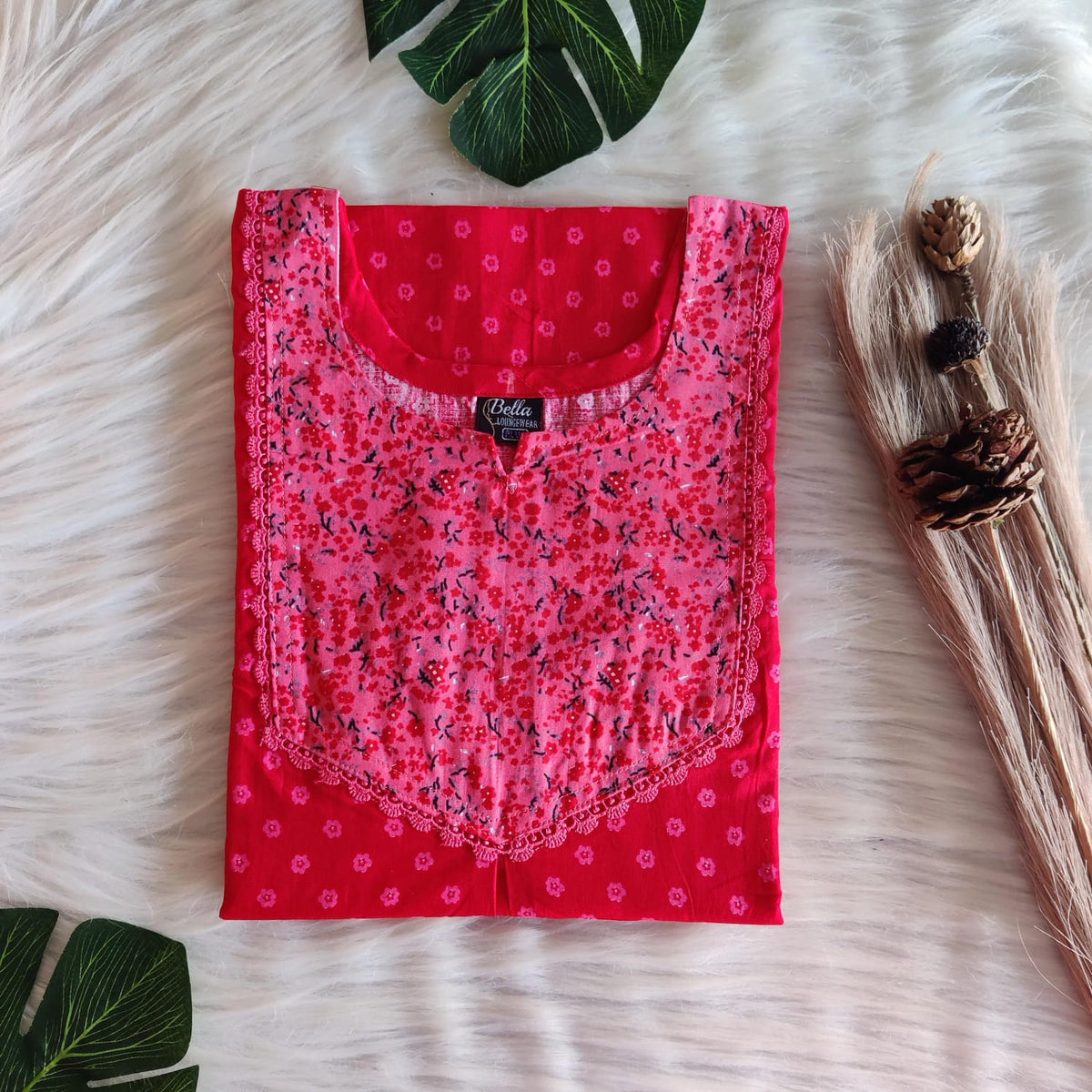 Peach And Red Printed Premium Cotton Mix N Match Lace Pocket Nighty | Free Size | Chest Width 44″| Length 56″