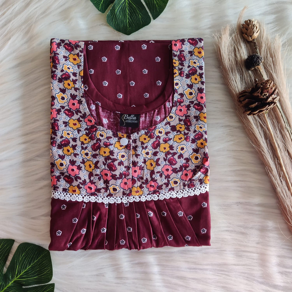 Grey And Maroon Printed Premium Cotton Lace Nighty | Free Size | Chest Width 44″| Length 54″-56″