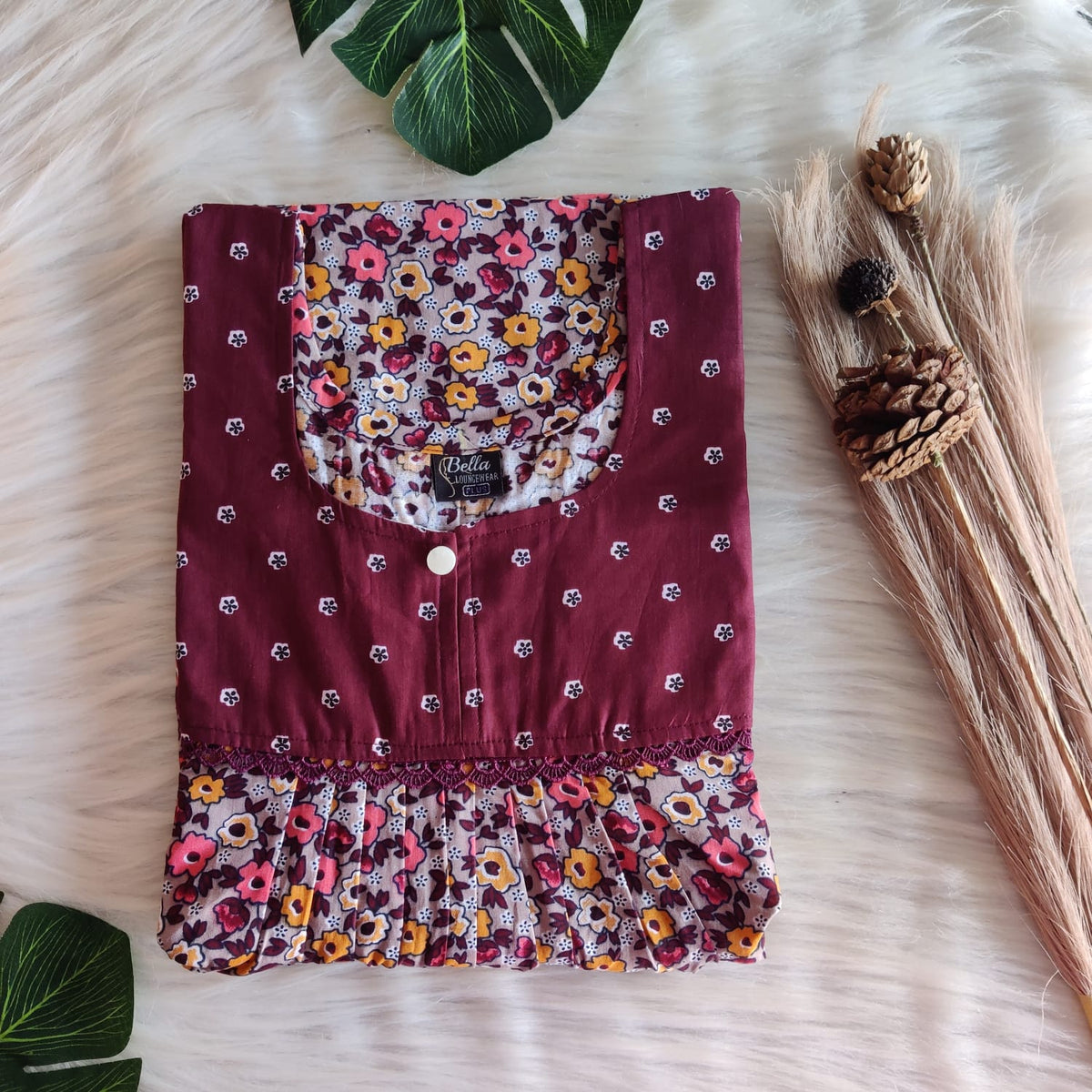 Maroon And Grey Floral Printed Premium Cotton Lace Nighty | Free Size | Chest Width 44″| Length 54″-56″