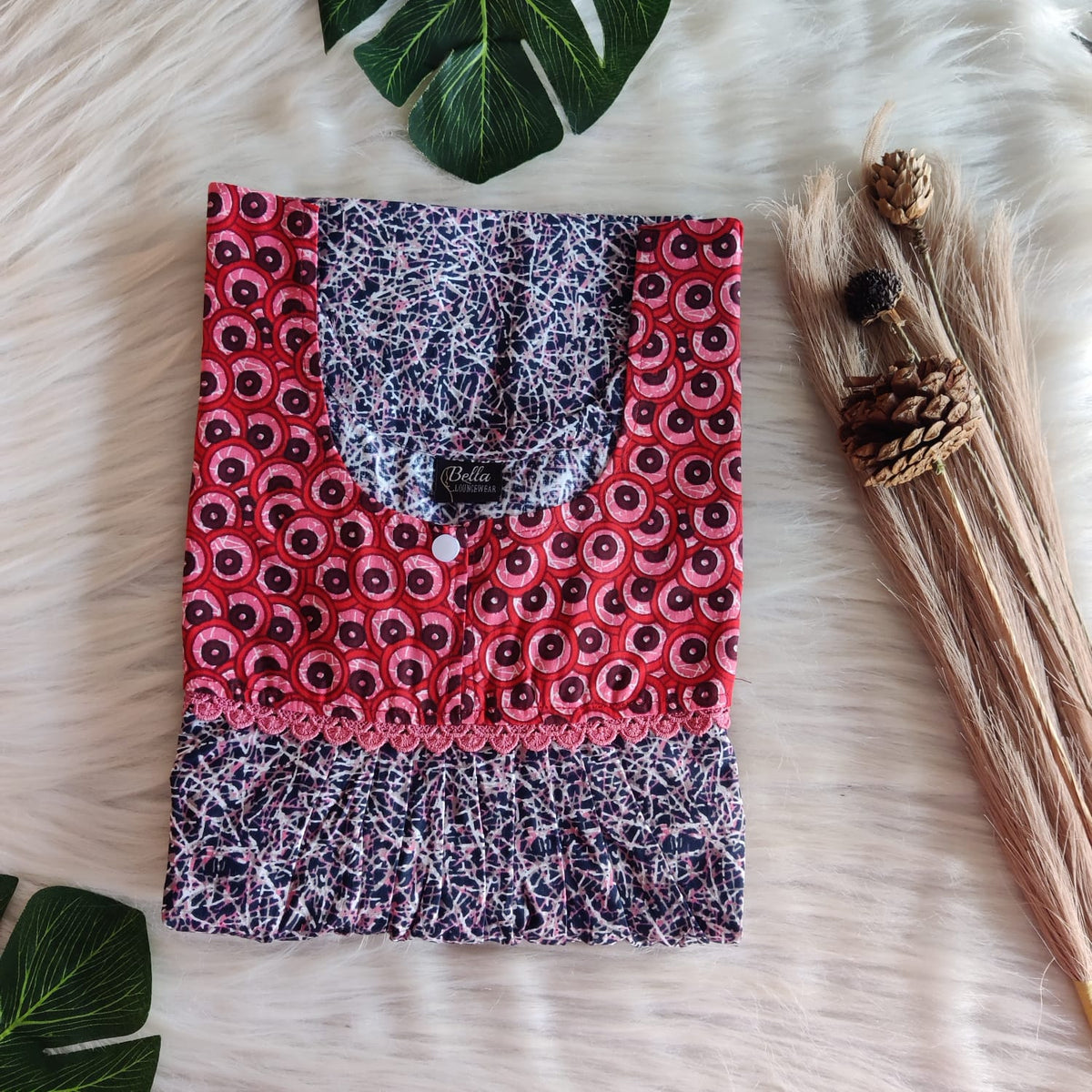 Red And Navy-Blue Printed Premium Cotton Lace Nighty | Free Size | Chest Width 44″| Length 54″-56″