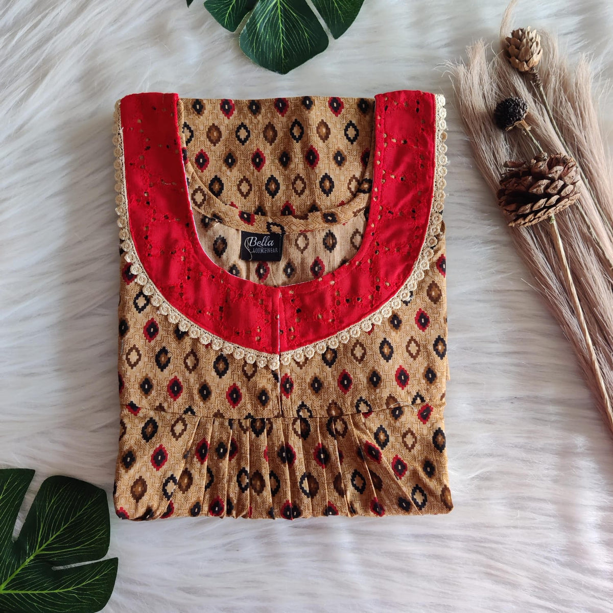 Brown And Red Ikat Printed Premium Cotton Hakoba Lace Nighty | Free Size | Chest Width 44″| Length 54″-56″