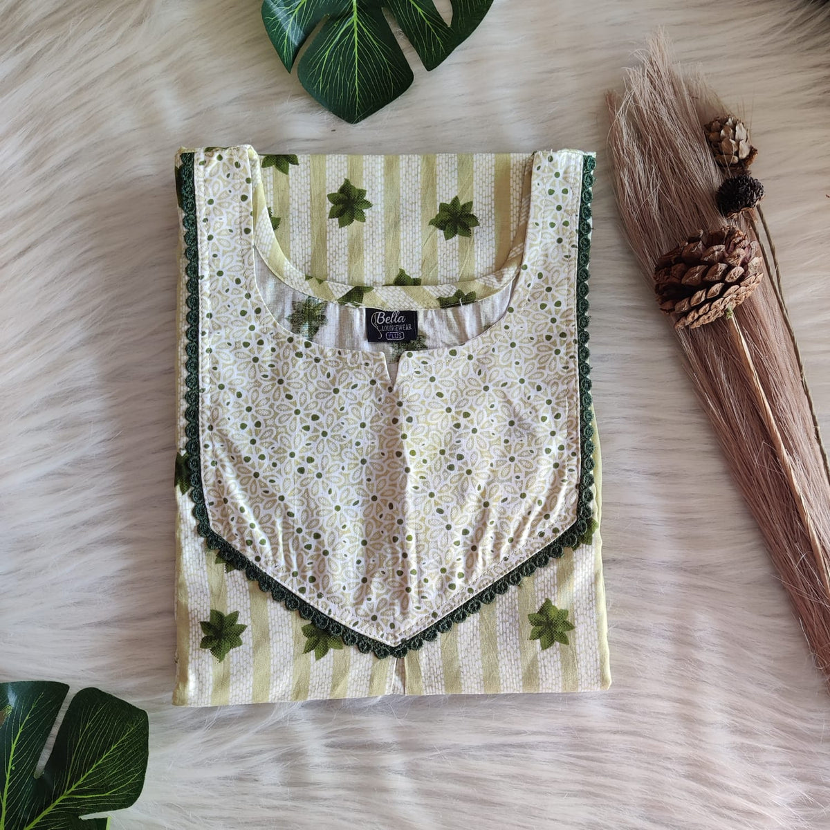 White And Green Printed Premium Cotton Mix N Match Lace Pocket Nighty | Free Size | Chest Width 44″| Length 56″