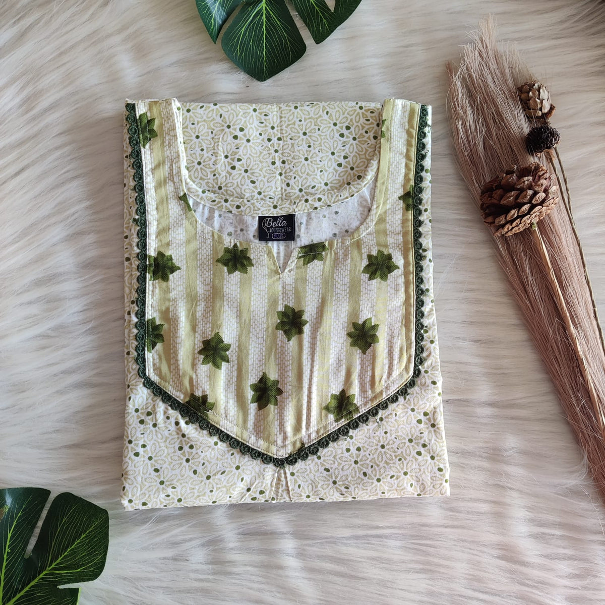 Green And White Printed Premium Cotton Mix N Match Lace Pocket Nighty | Free Size | Chest Width 44″| Length 56″