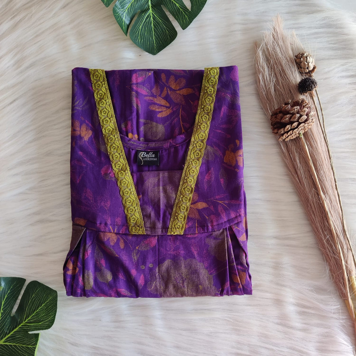 Violet Printed Discharge Cotton Two Side Vertical Lace Zip Feeding Nighty | Free Size | Chest Width 44″| Length 56″