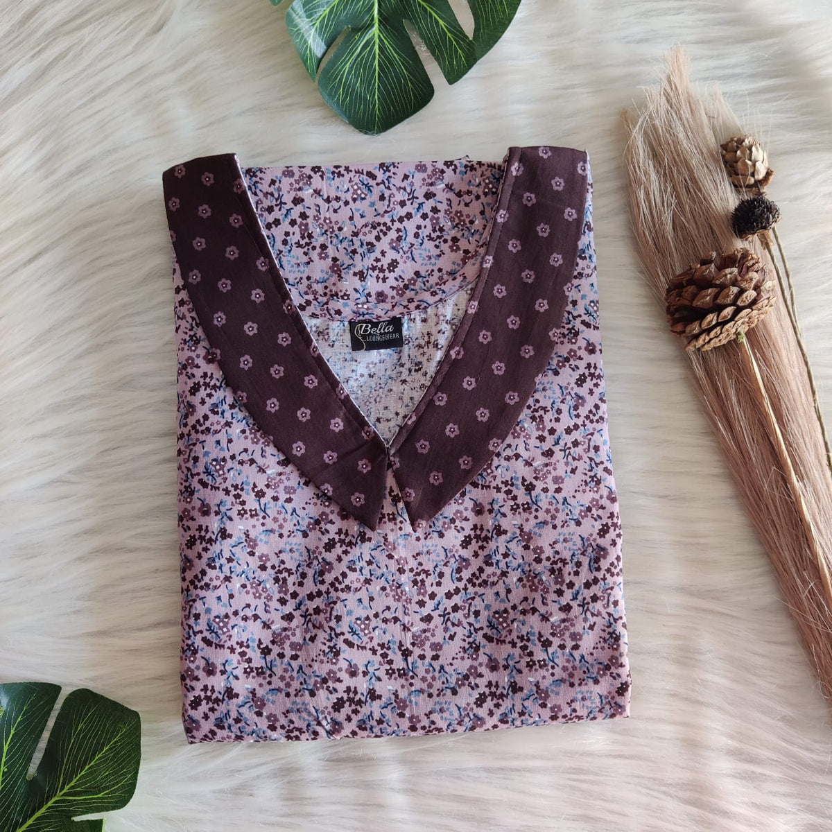 Dark And Pale Brown Printed Premium Cotton Peter Pan Collar Nighty | Free Size | Chest Width 44″| Length 55″-56″