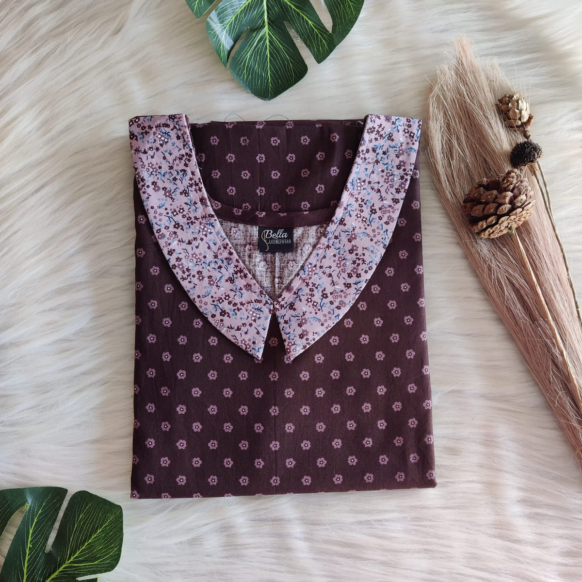 Pale And Dark Brown Printed Premium Cotton Peter Pan Collar Nighty | Free Size | Chest Width 44″| Length 55″-56″