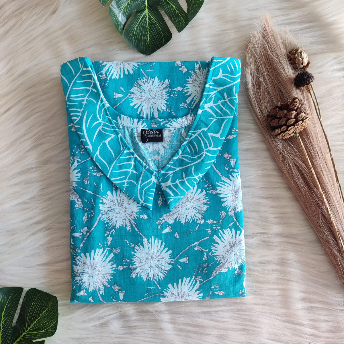 Blue And White Floral Printed Premium Cotton Peter Pan Collar Nighty | Free Size | Chest Width 44″| Length 55″-56″