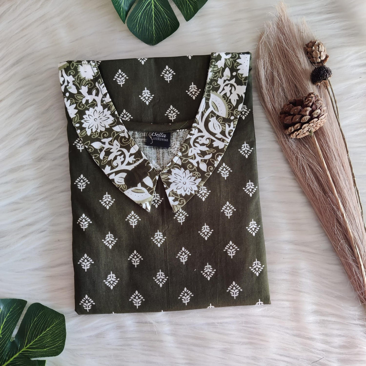 White And Green Printed Premium Cotton Peter Pan Collar Nighty | Free Size | Chest Width 44″| Length 55″-56″