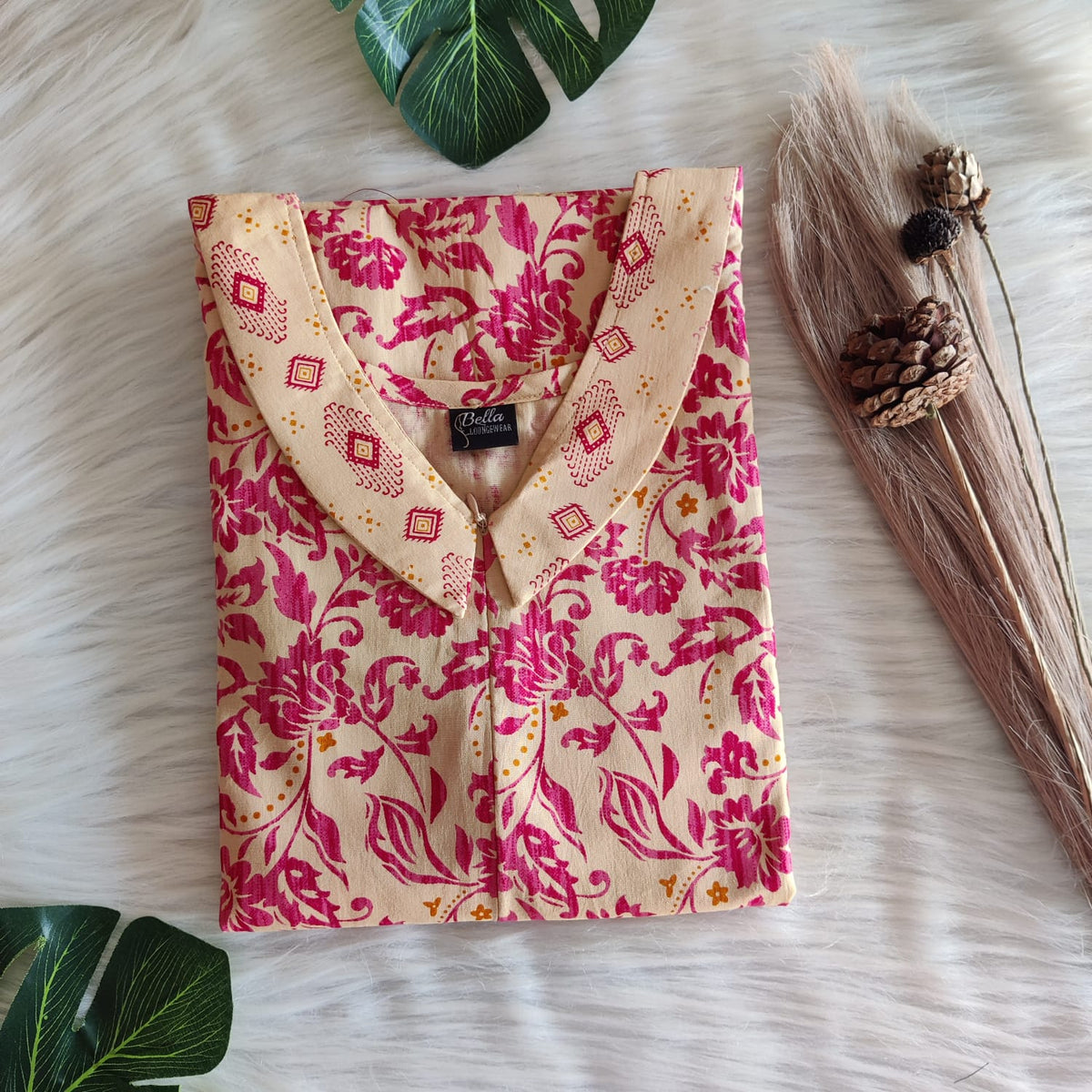 Sandal And Pink Floral Printed Premium Cotton Peter Pan Collar Long Zip Feeding Nighty | Free Size | Chest Width 44″| Length 56″