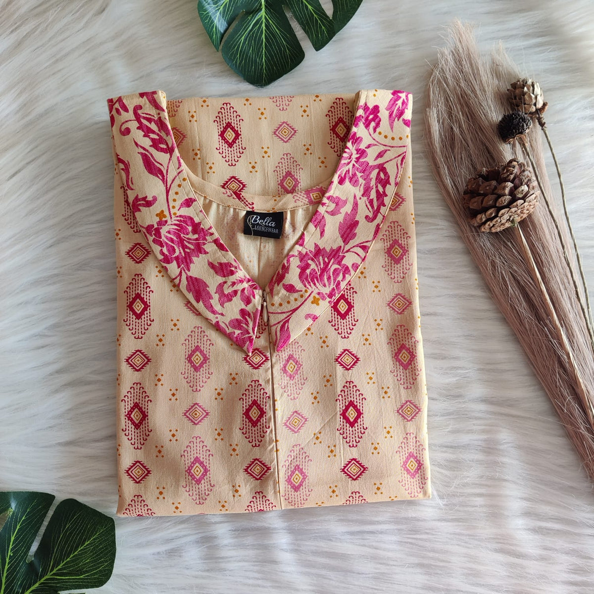 Pink And Sandal Printed Premium Cotton Peter Pan Collar Long Zip Feeding Nighty | Free Size | Chest Width 44″| Length 56″