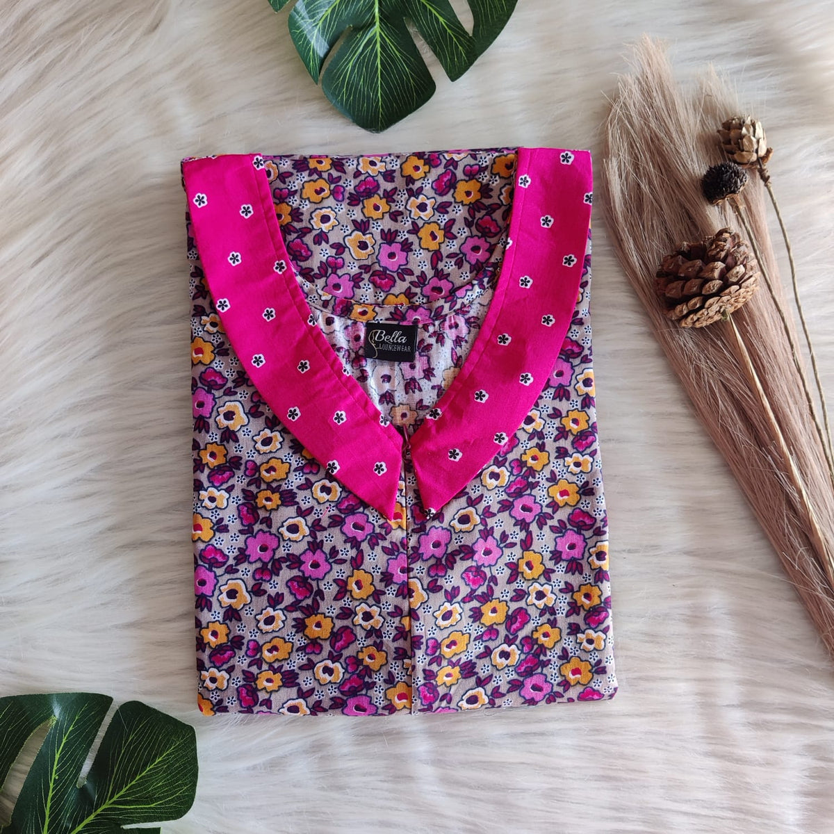 Pink And Grey Floral  Printed Premium Cotton Peter Pan Collar Long Zip Feeding Nighty | Free Size | Chest Width 44″| Length 56″