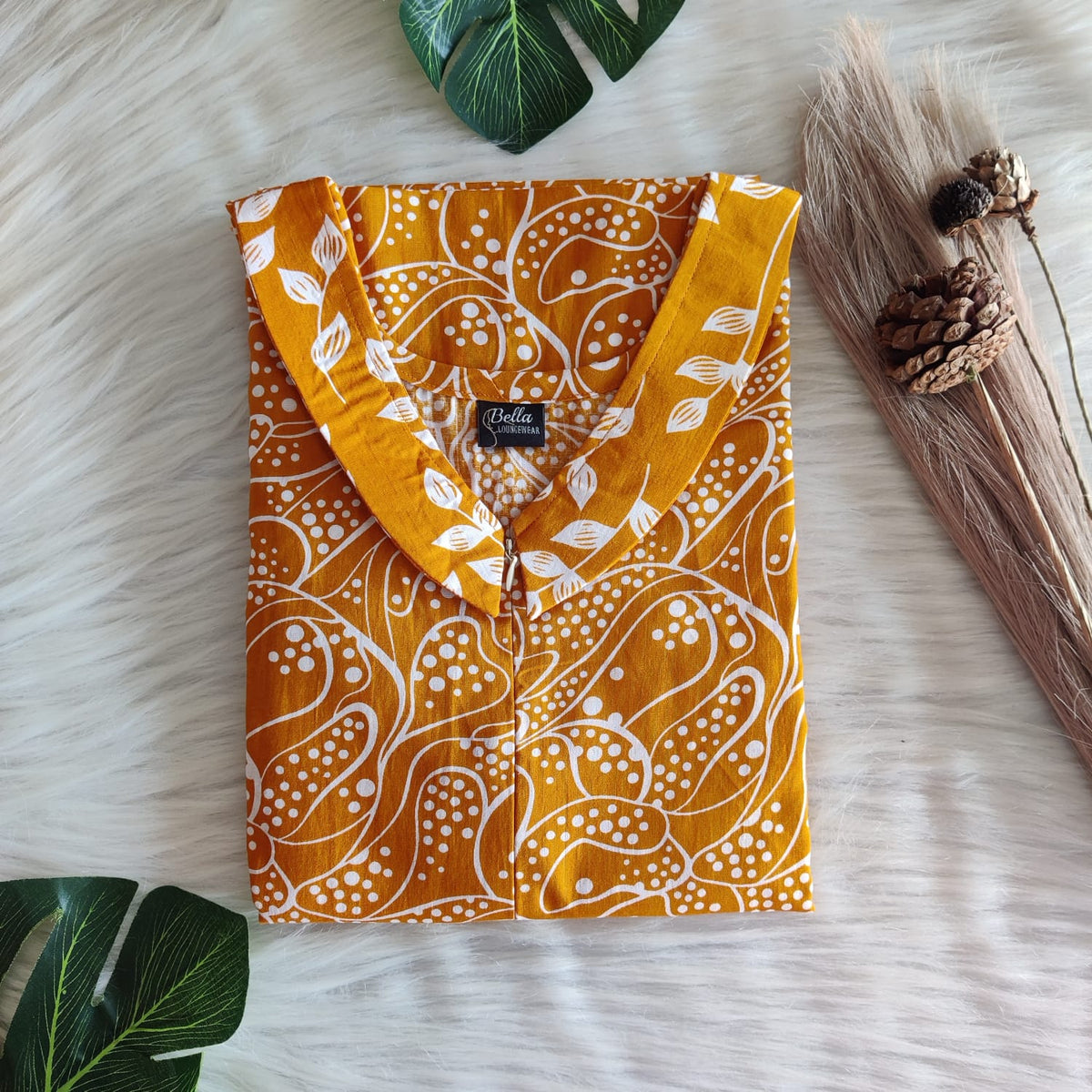 White And Mustard Yellow  Printed Premium Cotton Peter Pan Collar Long Zip Feeding Nighty | Free Size | Chest Width 44″| Length 56″