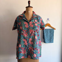 Blue Floral Printed Kantha Cotton Shirt Pyjama Set | Free Size |