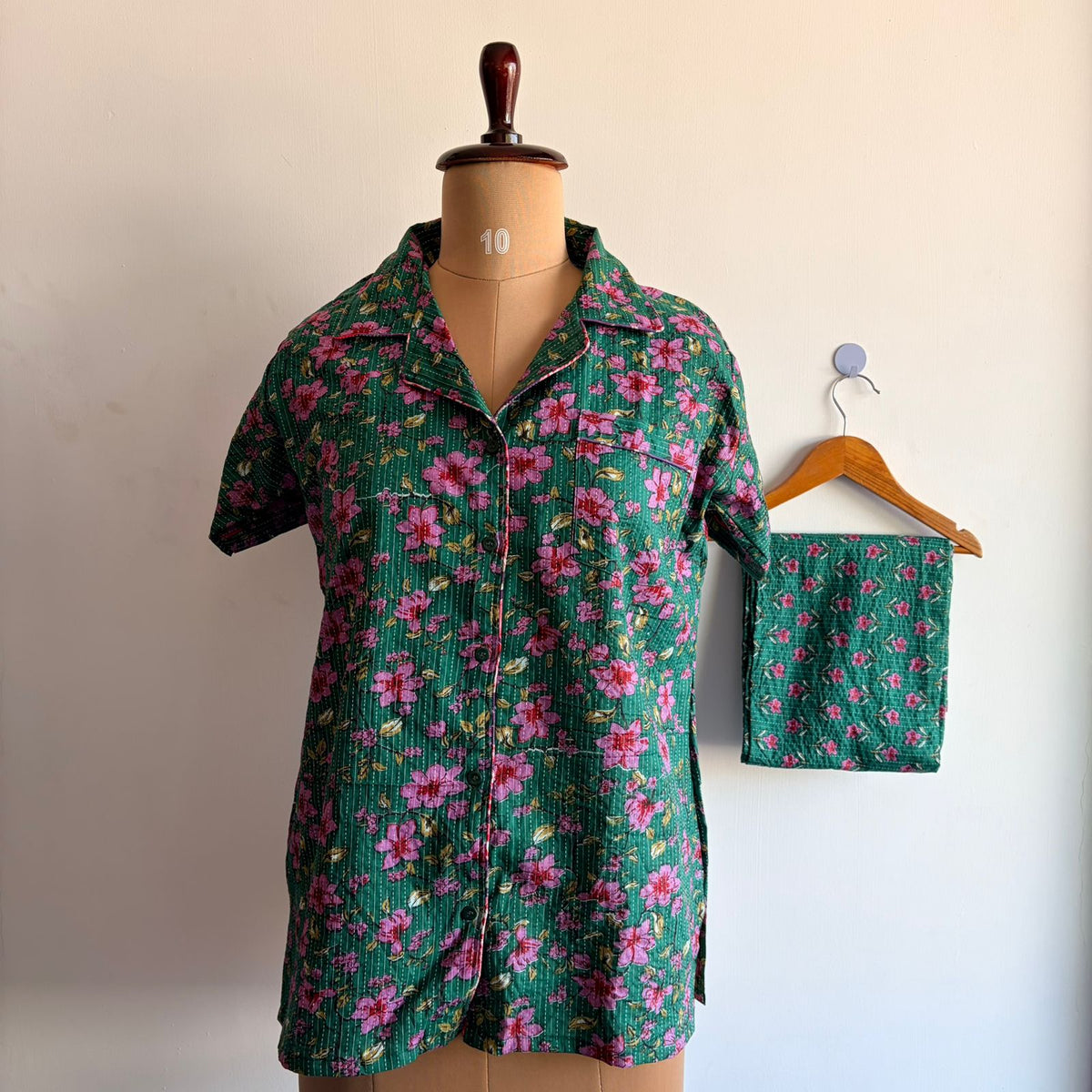 Green Floral Printed Kantha Cotton Shirt Pyjama Set | Free Size |
