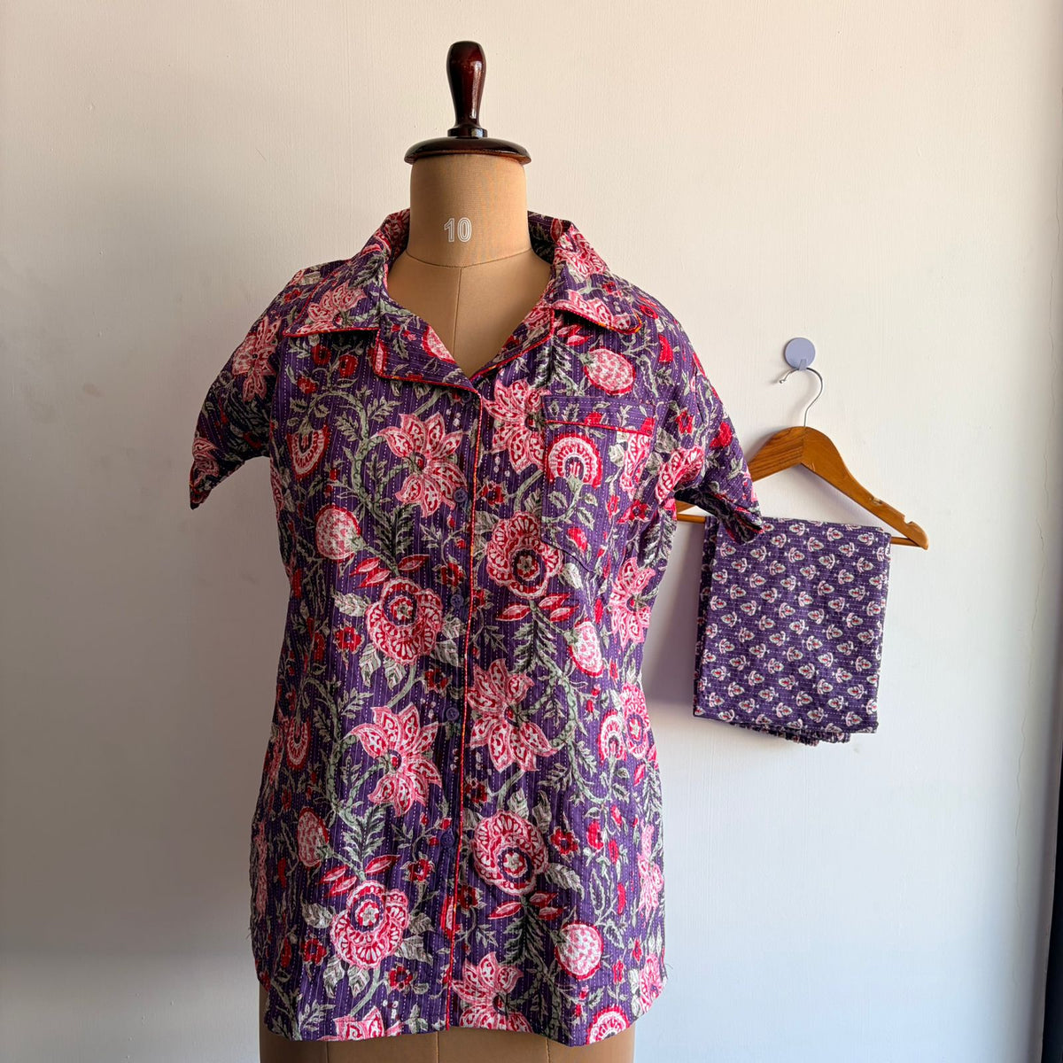 Violet Floral Printed Kantha Cotton Shirt Pyjama Set | Free Size |