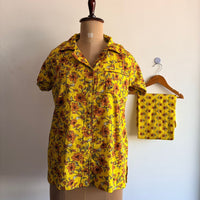 Yellow Floral Printed Kantha Cotton Shirt Pyjama Set | Free Size |