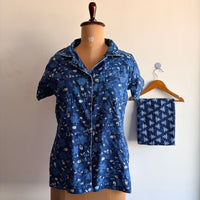 Navy-Blue Floral Printed Kantha Cotton Shirt Pyjama Set | Free Size |