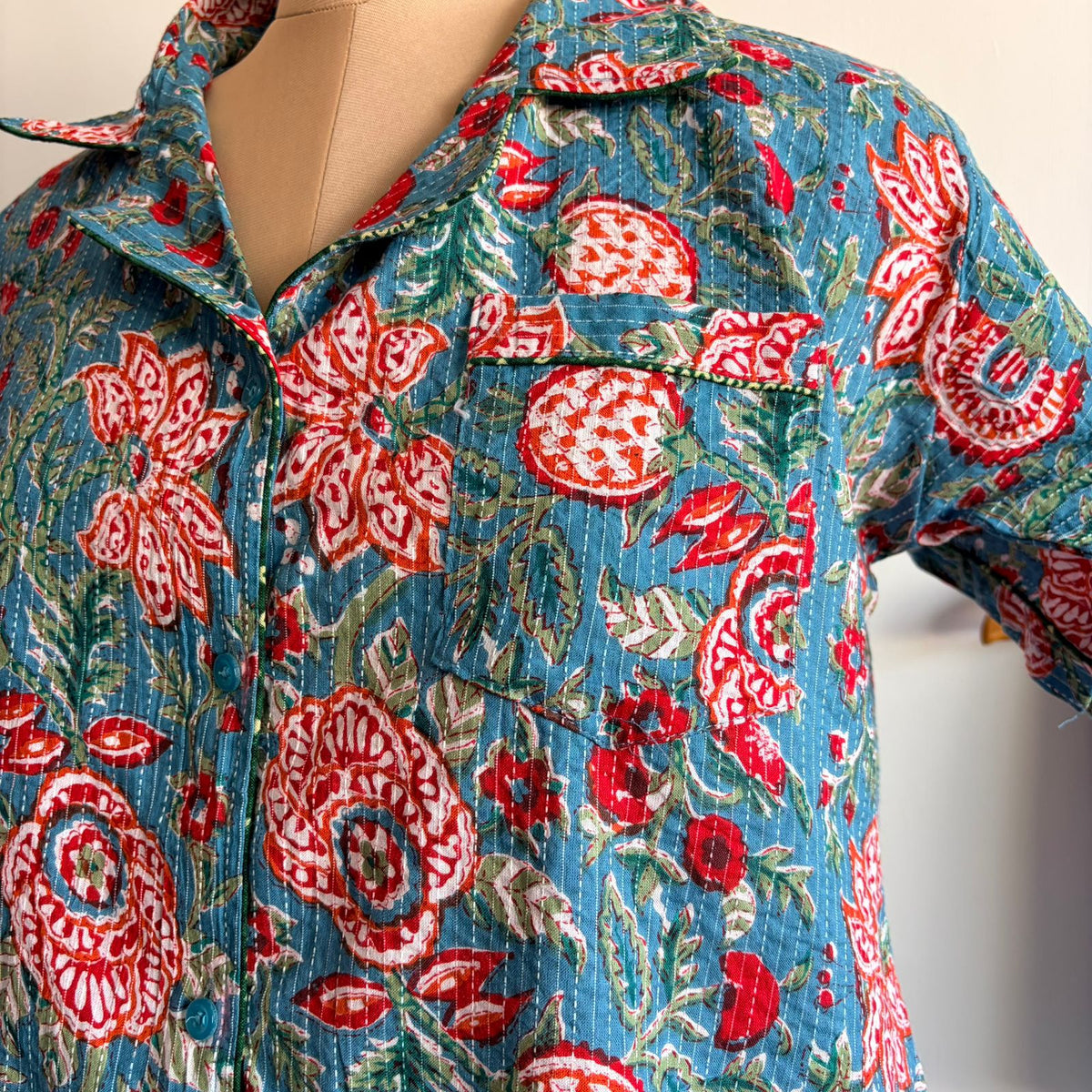 Blue Floral Printed Kantha Cotton Shirt Pyjama Set | Free Size |