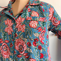 Blue Floral Printed Kantha Cotton Shirt Pyjama Set | Free Size |
