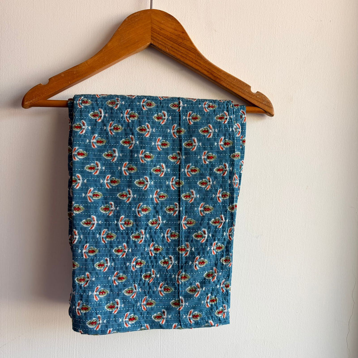 Blue Floral Printed Kantha Cotton Shirt Pyjama Set | Free Size |