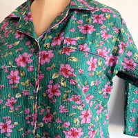 Green Floral Printed Kantha Cotton Shirt Pyjama Set | Free Size |
