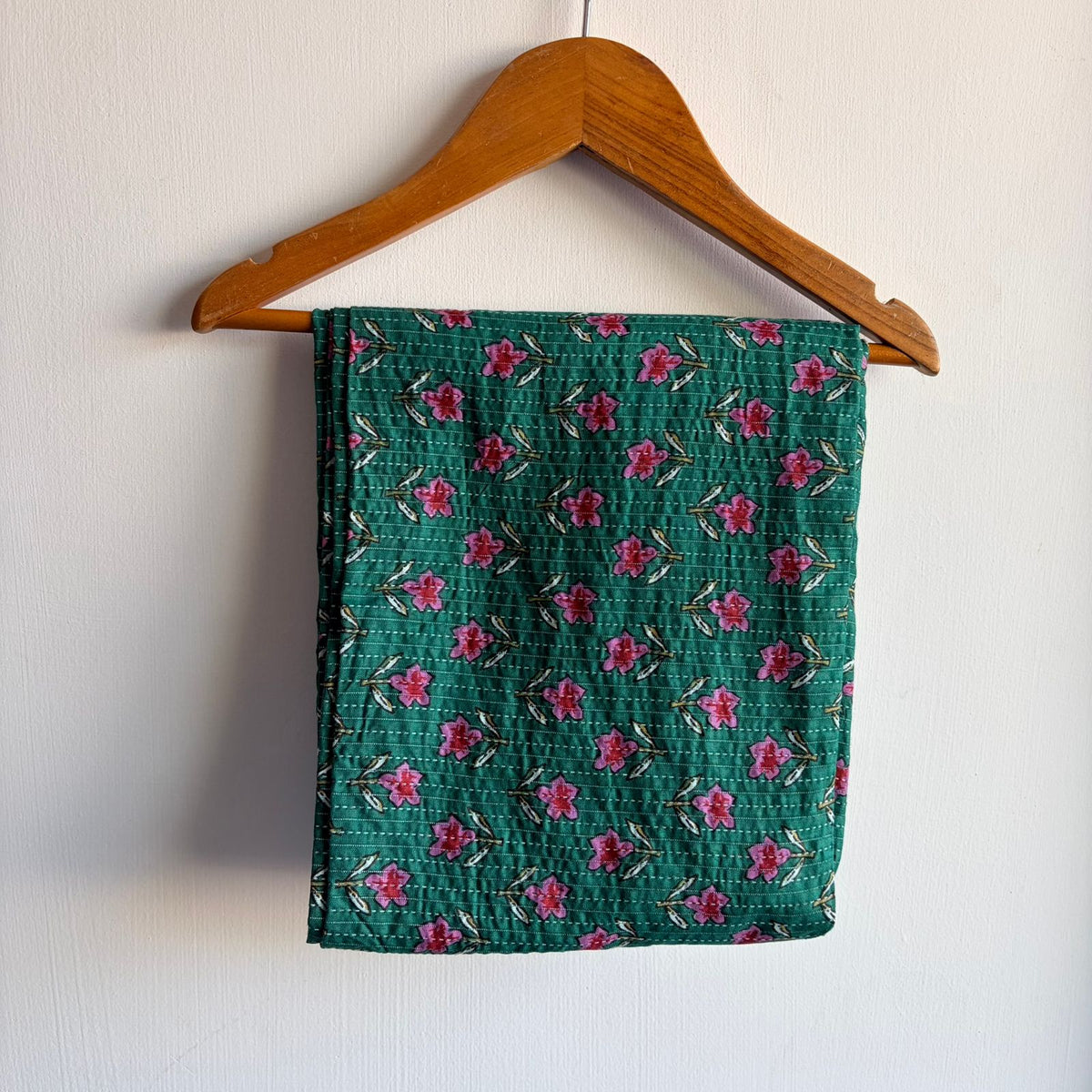 Green Floral Printed Kantha Cotton Shirt Pyjama Set | Free Size |