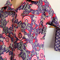 Violet Floral Printed Kantha Cotton Shirt Pyjama Set | Free Size |