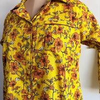 Yellow Floral Printed Kantha Cotton Shirt Pyjama Set | Free Size |