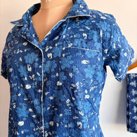 Navy-Blue Floral Printed Kantha Cotton Shirt Pyjama Set | Free Size |