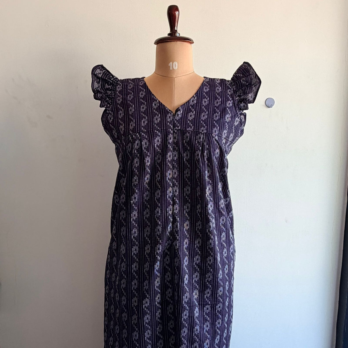 Navy-Blue Printed Kantha Cotton V- Neck Ruffle Sleeve Long Zip Short Maternity Gown | Free Size | Chest Width 44″| Length 44″