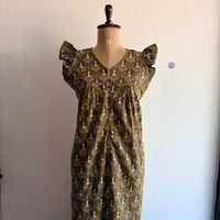 Olive Green Printed Kantha Cotton V- Neck Ruffle Sleeve Long Zip Short Maternity Gown | Free Size | Chest Width 44″| Length 44″
