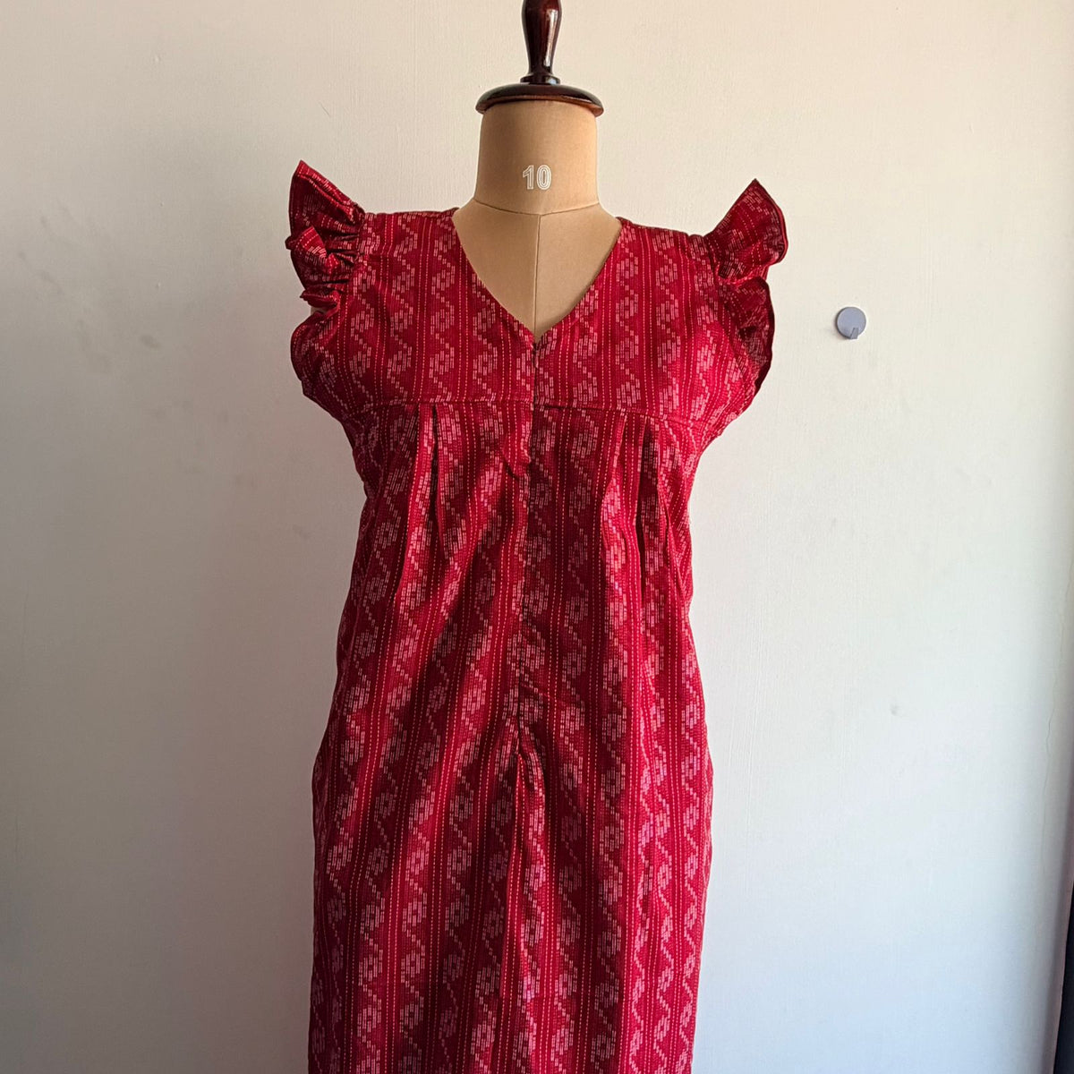 Red Printed Kantha Cotton V- Neck Ruffle Sleeve Long Zip Short Maternity Gown | Free Size | Chest Width 44″| Length 44″