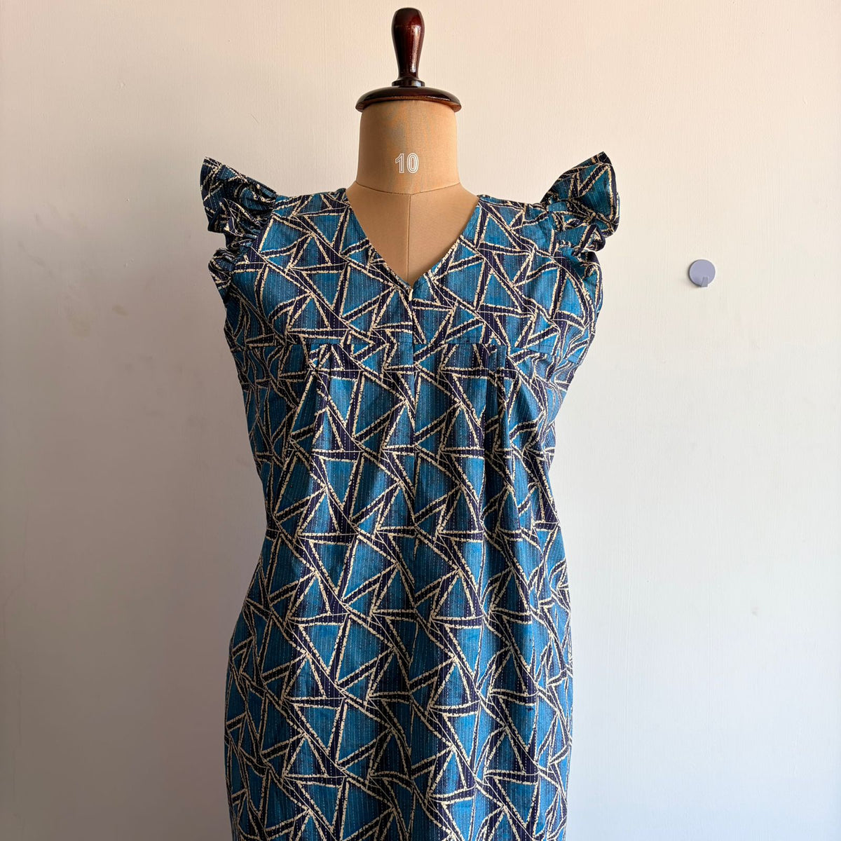 Blue Printed Kantha Cotton V- Neck Ruffle Sleeve Long Zip Short Maternity Gown | Free Size | Chest Width 44″| Length 44″