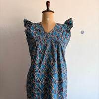 Blue Printed Kantha Cotton V- Neck Ruffle Sleeve Long Zip Short Maternity Gown | Free Size | Chest Width 44″| Length 44″