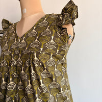 Olive Green Printed Kantha Cotton V- Neck Ruffle Sleeve Long Zip Short Maternity Gown | Free Size | Chest Width 44″| Length 44″