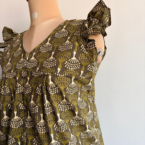 Olive Green Printed Kantha Cotton V- Neck Ruffle Sleeve Long Zip Short Maternity Gown | Free Size | Chest Width 44″| Length 44″