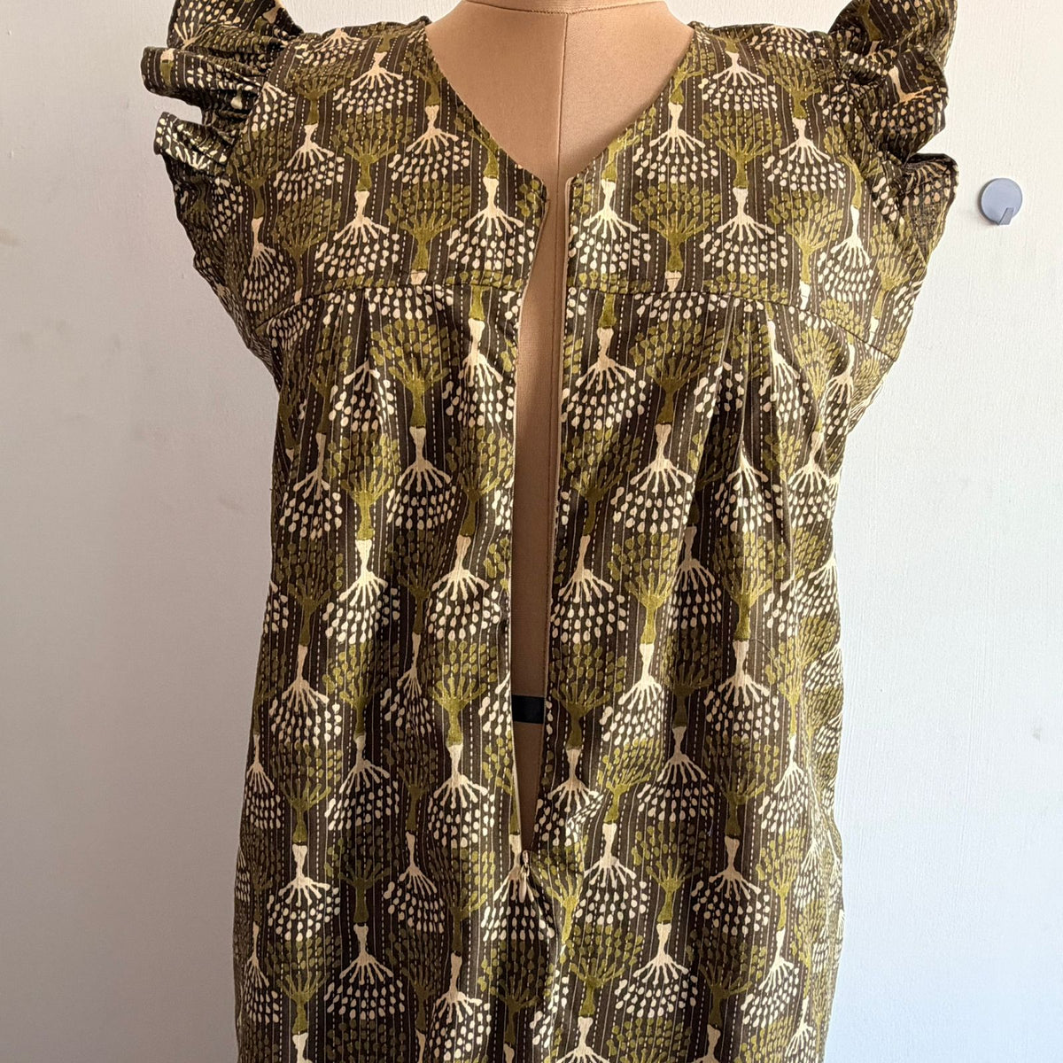 Olive Green Printed Kantha Cotton V- Neck Ruffle Sleeve Long Zip Short Maternity Gown | Free Size | Chest Width 44″| Length 44″