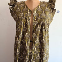 Olive Green Printed Kantha Cotton V- Neck Ruffle Sleeve Long Zip Short Maternity Gown | Free Size | Chest Width 44″| Length 44″