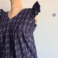Navy-Blue Printed Kantha Cotton V- Neck Ruffle Sleeve Long Zip Short Maternity Gown | Free Size | Chest Width 44″| Length 44″