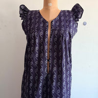 Navy-Blue Printed Kantha Cotton V- Neck Ruffle Sleeve Long Zip Short Maternity Gown | Free Size | Chest Width 44″| Length 44″