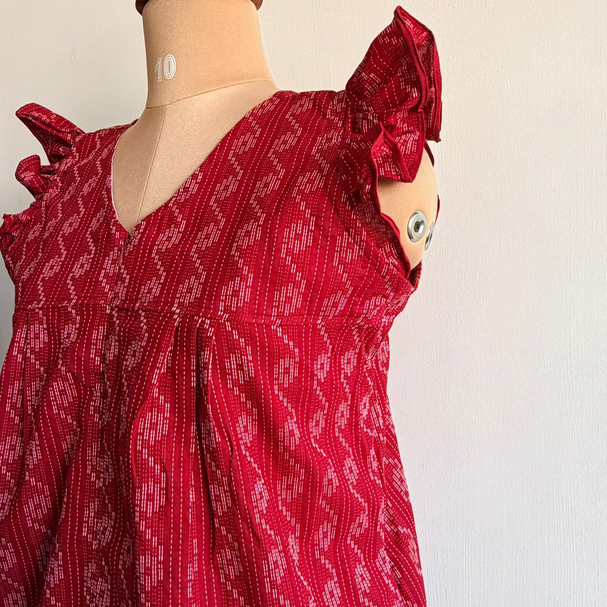 Red Printed Kantha Cotton V- Neck Ruffle Sleeve Long Zip Short Maternity Gown | Free Size | Chest Width 44″| Length 44″