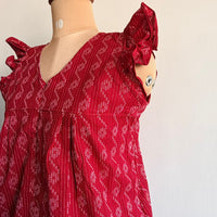 Red Printed Kantha Cotton V- Neck Ruffle Sleeve Long Zip Short Maternity Gown | Free Size | Chest Width 44″| Length 44″
