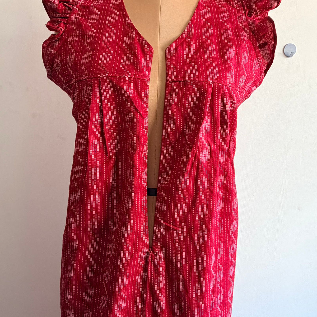 Red Printed Kantha Cotton V- Neck Ruffle Sleeve Long Zip Short Maternity Gown | Free Size | Chest Width 44″| Length 44″