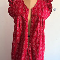 Red Printed Kantha Cotton V- Neck Ruffle Sleeve Long Zip Short Maternity Gown | Free Size | Chest Width 44″| Length 44″