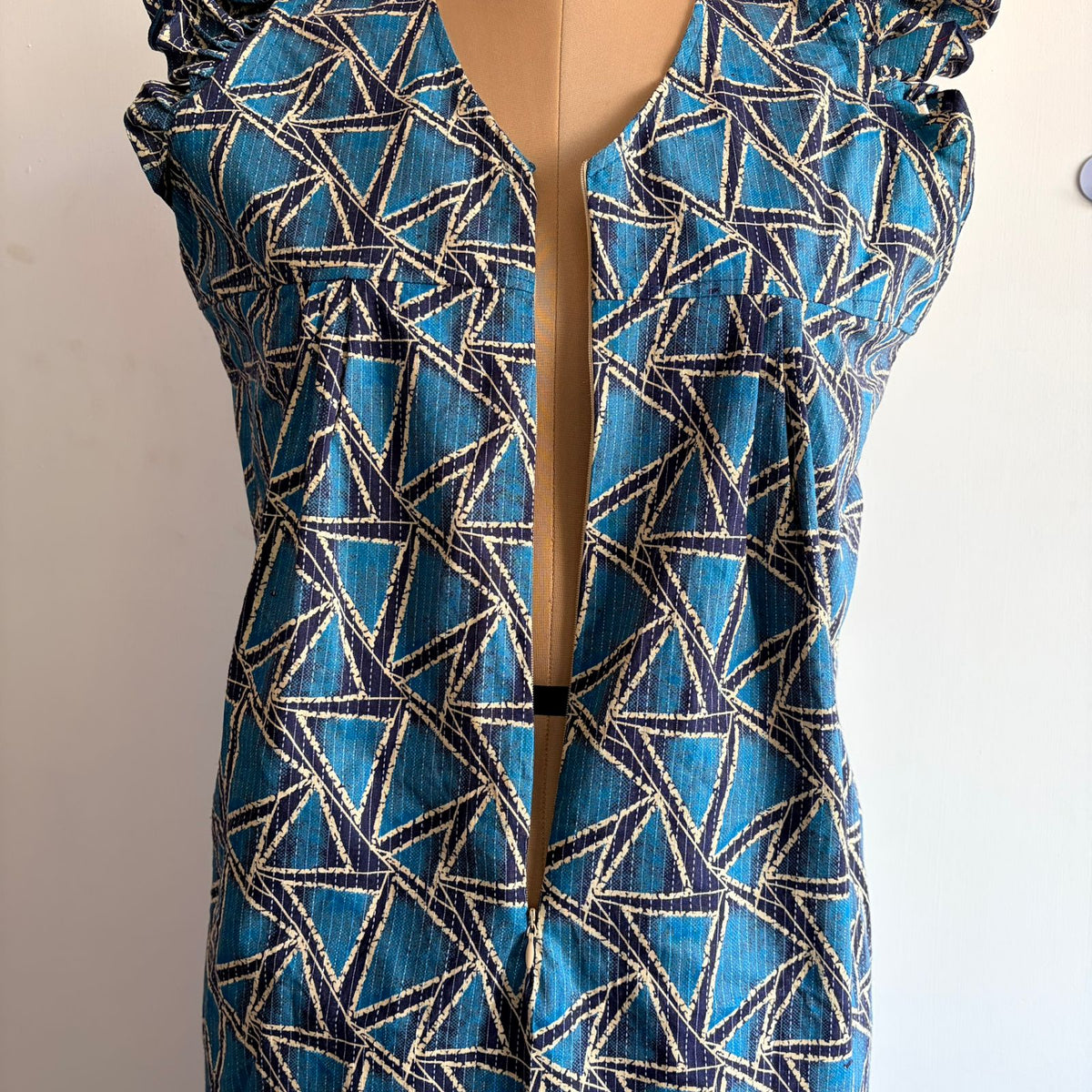 Blue Printed Kantha Cotton V- Neck Ruffle Sleeve Long Zip Short Maternity Gown | Free Size | Chest Width 44″| Length 44″