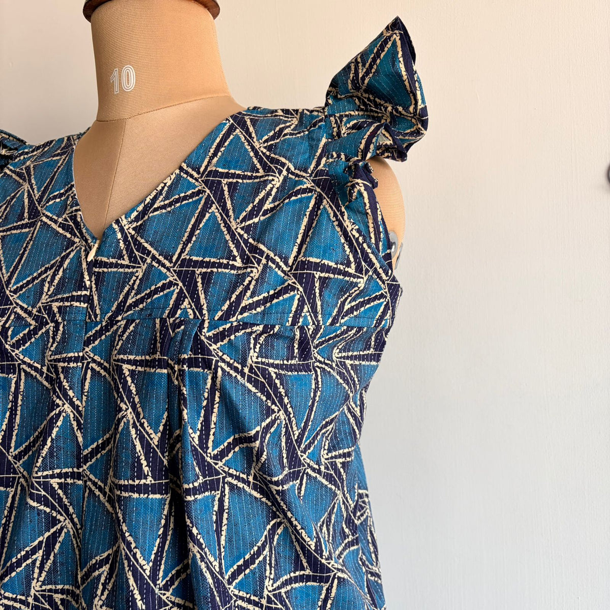 Blue Printed Kantha Cotton V- Neck Ruffle Sleeve Long Zip Short Maternity Gown | Free Size | Chest Width 44″| Length 44″