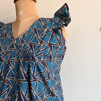 Blue Printed Kantha Cotton V- Neck Ruffle Sleeve Long Zip Short Maternity Gown | Free Size | Chest Width 44″| Length 44″